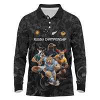 Custom Rugby Southern Hemisphere Long Sleeve Polo Shirt Argentina AUNZ South Africa Mascot Black - Polynesian Pride
