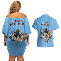 Custom Rugby Southern Hemisphere Couples Matching Off Shoulder Short Dress and Hawaiian Shirt Argentina AUNZ South Africa Mascot Blue - Polynesian Pride