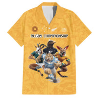 Custom Rugby Southern Hemisphere Family Matching Off Shoulder Short Dress and Hawaiian Shirt Argentina AUNZ South Africa Mascot Gold - Polynesian Pride
