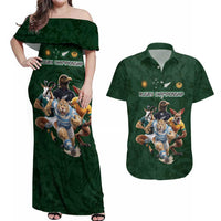 Custom Rugby Southern Hemisphere Couples Matching Off Shoulder Maxi Dress and Hawaiian Shirt Argentina AUNZ South Africa Mascot Green - Polynesian Pride