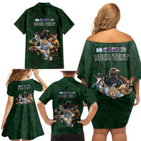 Custom Rugby Southern Hemisphere Family Matching Off Shoulder Short Dress and Hawaiian Shirt Argentina AUNZ South Africa Mascot Green - Polynesian Pride
