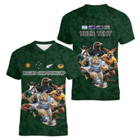Custom Rugby Southern Hemisphere Women V-Neck T-Shirt Argentina AUNZ South Africa Mascot Green - Polynesian Pride
