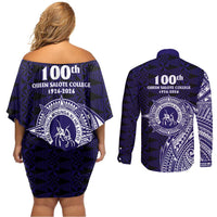 Tonga Queen Salote College 100th Years Couples Matching Off Shoulder Short Dress and Long Sleeve Button Shirt Est 1926 Tongan Ngatu Tapa - Polynesian Pride