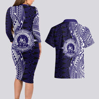 Tonga Queen Salote College 100th Years Couples Matching Long Sleeve Bodycon Dress and Hawaiian Shirt Blue Tonga Kupesi Uniquely Pacific Art - Polynesian Pride