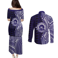 Tonga Queen Salote College 100th Years Couples Matching Puletasi and Long Sleeve Button Shirt Blue Tonga Kupesi Uniquely Pacific Art - Polynesian Pride
