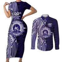 Tonga Queen Salote College 100th Years Couples Matching Short Sleeve Bodycon Dress and Long Sleeve Button Shirt Blue Tonga Kupesi Uniquely Pacific Art - Polynesian Pride