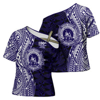 Tonga Queen Salote College 100th Years Cross Shoulder Shirt Blue Tonga Kupesi Uniquely Pacific Art - Polynesian Pride