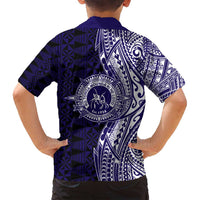 Tonga Queen Salote College 100th Years Family Matching Off Shoulder Short Dress and Hawaiian Shirt Blue Tonga Kupesi Uniquely Pacific Art - Polynesian Pride