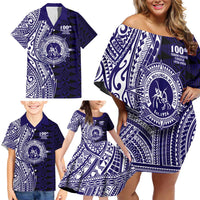 Tonga Queen Salote College 100th Years Family Matching Off Shoulder Short Dress and Hawaiian Shirt Blue Tonga Kupesi Uniquely Pacific Art - Polynesian Pride