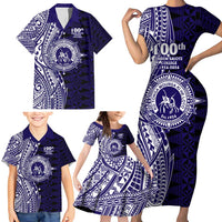 Tonga Queen Salote College 100th Years Family Matching Short Sleeve Bodycon Dress and Hawaiian Shirt Blue Tonga Kupesi Uniquely Pacific Art - Polynesian Pride