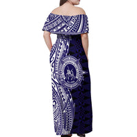Tonga Queen Salote College 100th Years Off Shoulder Maxi Dress Blue Tonga Kupesi Uniquely Pacific Art - Polynesian Pride