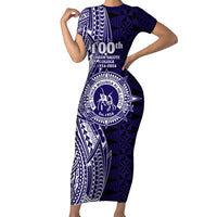 Tonga Queen Salote College 100th Years Short Sleeve Bodycon Dress Blue Tonga Kupesi Uniquely Pacific Art - Polynesian Pride