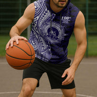 Tonga Queen Salote College 100th Years Sleeveless Hoodie Blue Tonga Kupesi Uniquely Pacific Art - Polynesian Pride