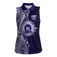 Tonga Queen Salote College 100th Years Women Sleeveless Polo Shirt Blue Tonga Kupesi Uniquely Pacific Art - Polynesian Pride