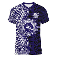 Tonga Queen Salote College 100th Years Women V-Neck T-Shirt Blue Tonga Kupesi Uniquely Pacific Art - Polynesian Pride