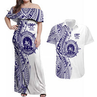Tonga Queen Salote College 100th Years Couples Matching Off Shoulder Maxi Dress and Hawaiian Shirt White Tonga Kupesi Uniquely Pacific Art - Polynesian Pride