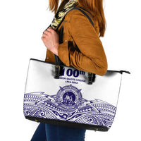 Tonga Queen Salote College 100th Years Leather Tote Bag White Tonga Kupesi Uniquely Pacific Art - Polynesian Pride