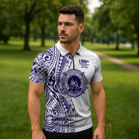 Tonga Queen Salote College 100th Years Zipper Polo Shirt White Tonga Kupesi Uniquely Pacific Art - Polynesian Pride