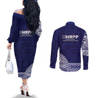 Samoa HRPP Couples Matching Off The Shoulder Long Sleeve Dress and Long Sleeve Button Shirt Samoan Motif Patterns LT9 - Polynesian Pride