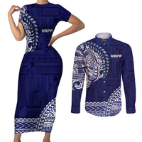 Samoa HRPP Couples Matching Short Sleeve Bodycon Dress and Long Sleeve Button Shirt Samoan Motif Patterns LT9 Blue - Polynesian Pride