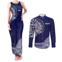 Samoa HRPP Couples Matching Tank Maxi Dress and Long Sleeve Button Shirt Samoan Motif Patterns LT9 Blue - Polynesian Pride