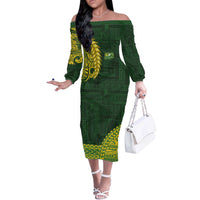 Samoa SUP Off The Shoulder Long Sleeve Dress Samoan Motif Patterns LT9 Women Green - Polynesian Pride