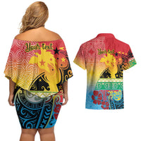 Personalised Torba PNG Day Couples Matching Off Shoulder Short Dress and Hawaiian Shirt Oro Tapa Pattern - Polynesian Pride