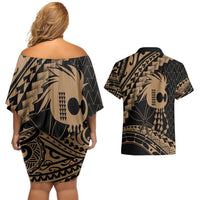 Ikaika Hawaiian Mythic Koa Tribal Warrior Couples Matching Off Shoulder Short Dress and Hawaiian Shirt