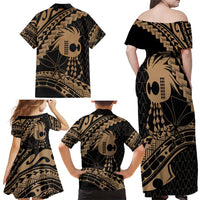 Ikaika Hawaiian Mythic Koa Tribal Warrior Family Matching Off Shoulder Maxi Dress and Hawaiian Shirt