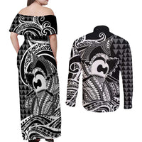 Koa Ikaika Warrior Helmet with Shark Couples Matching Off Shoulder Maxi Dress and Long Sleeve Button Shirt Black Kakau Style LT9 - Polynesian Pride