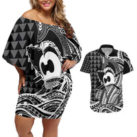 Koa Ikaika Warrior Helmet with Shark Couples Matching Off Shoulder Short Dress and Hawaiian Shirt Black Kakau Style