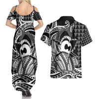 Koa Ikaika Warrior Helmet with Shark Couples Matching Summer Maxi Dress and Hawaiian Shirt Black Kakau Style