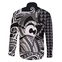 Koa Ikaika Warrior Helmet with Shark Family Matching Off Shoulder Short Dress and Hawaiian Shirt Black Kakau Style