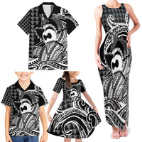 Koa Ikaika Warrior Helmet with Shark Family Matching Tank Maxi Dress and Hawaiian Shirt Black Kakau Style