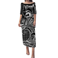 Koa Ikaika Warrior Helmet with Shark Puletasi Black Kakau Style LT9 Long Dress Black - Polynesian Pride
