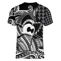 Koa Ikaika Warrior Helmet with Shark Women V-Neck T-Shirt Black Kakau Style LT9 - Polynesian Pride
