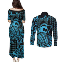 Koa Ikaika Warrior Helmet with Shark Couples Matching Puletasi and Long Sleeve Button Shirt Blue Kakau Style LT9 - Polynesian Pride