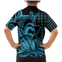 Koa Ikaika Warrior Helmet with Shark Family Matching Mermaid Dress and Hawaiian Shirt Blue Kakau Style