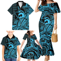 Koa Ikaika Warrior Helmet with Shark Family Matching Mermaid Dress and Hawaiian Shirt Blue Kakau Style