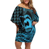 Koa Ikaika Warrior Helmet with Shark Off Shoulder Short Dress Blue Kakau Style LT9 Women Blue - Polynesian Pride