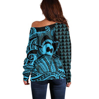 Koa Ikaika Warrior Helmet with Shark Off Shoulder Sweater Blue Kakau Style