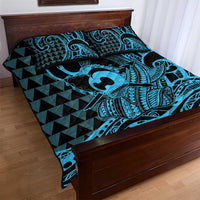 Koa Ikaika Warrior Helmet with Shark Quilt Bed Set Blue Kakau Style LT9 - Polynesian Pride
