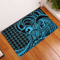 Koa Ikaika Warrior Helmet with Shark Rubber Doormat Blue Kakau Style LT9 - Polynesian Pride
