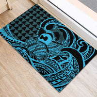 Koa Ikaika Warrior Helmet with Shark Rubber Doormat Blue Kakau Style LT9 - Polynesian Pride