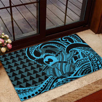Koa Ikaika Warrior Helmet with Shark Rubber Doormat Blue Kakau Style LT9 - Polynesian Pride