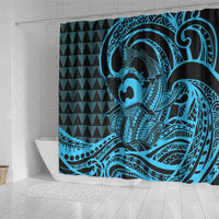Koa Ikaika Warrior Helmet with Shark Shower Curtain Blue Kakau Style