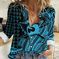 Koa Ikaika Warrior Helmet with Shark Women Casual Shirt Blue Kakau Style