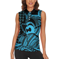 Koa Ikaika Warrior Helmet with Shark Women Sleeveless Polo Shirt Blue Kakau Style