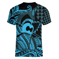 Koa Ikaika Warrior Helmet with Shark Women V-Neck T-Shirt Blue Kakau Style LT9 - Polynesian Pride