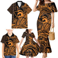 Koa Ikaika Warrior Helmet with Shark Family Matching Mermaid Dress and Hawaiian Shirt Gold Kakau Style